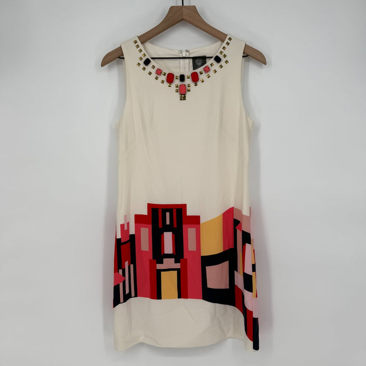 Vince Camuto Sheath Dress Womens 4 Multicolor Villa Print Lined Beaded Back Zip