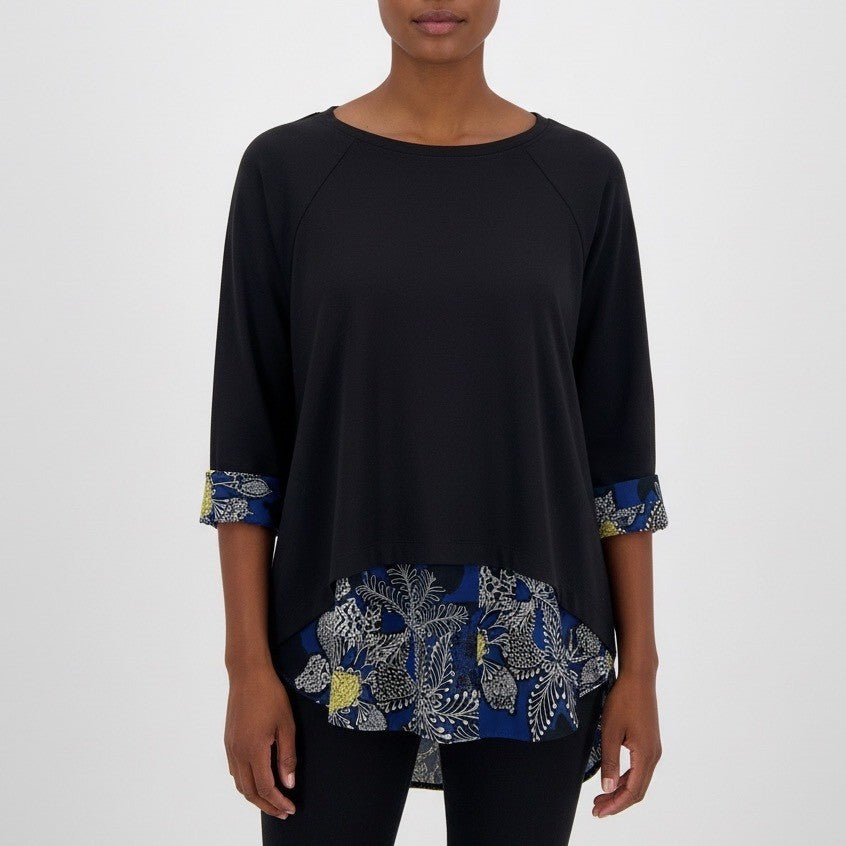 AGB Black Three Quarter Sleeve High Low Top with Print Underlay Size S
