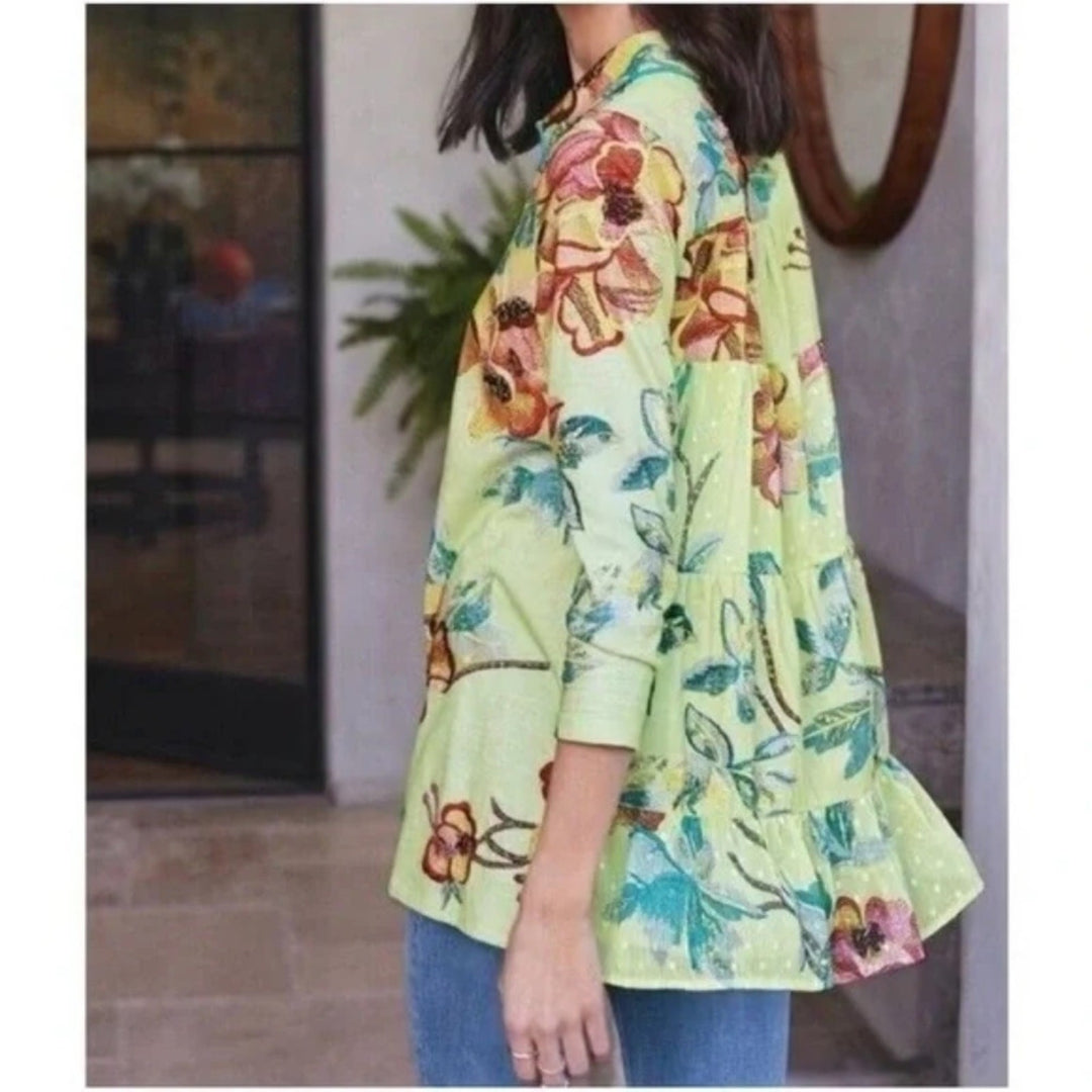 Soft Surroundings Elana Green Tropical Floral Button Tunic Top Size PL