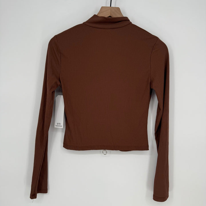 Shosho Brown Ribbed Zip Up Mock Neck Long Sleeve Crop Top Size S