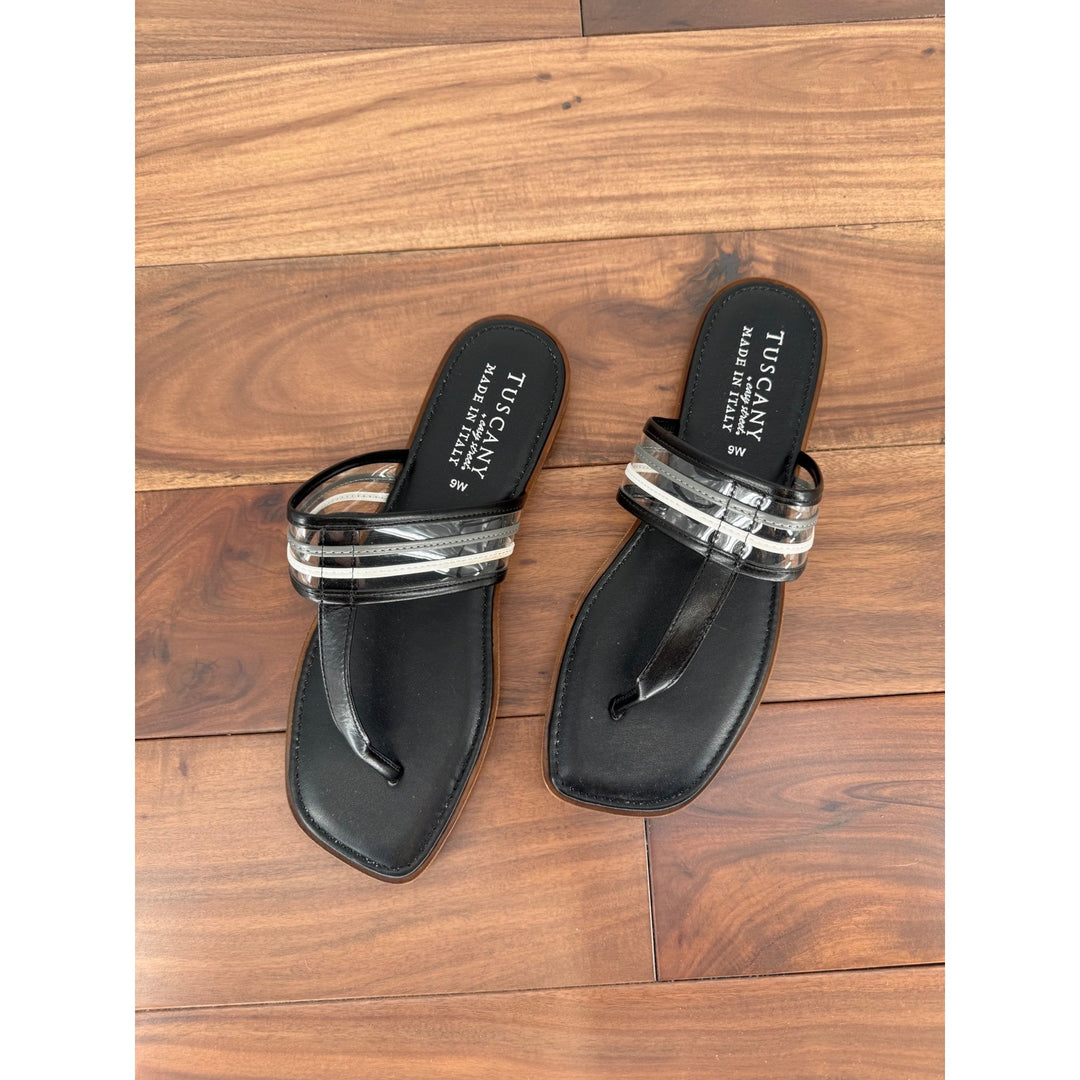 Tuscany Easy Street Black Thong Sandals Clear Straps Made in Italy Size 9W