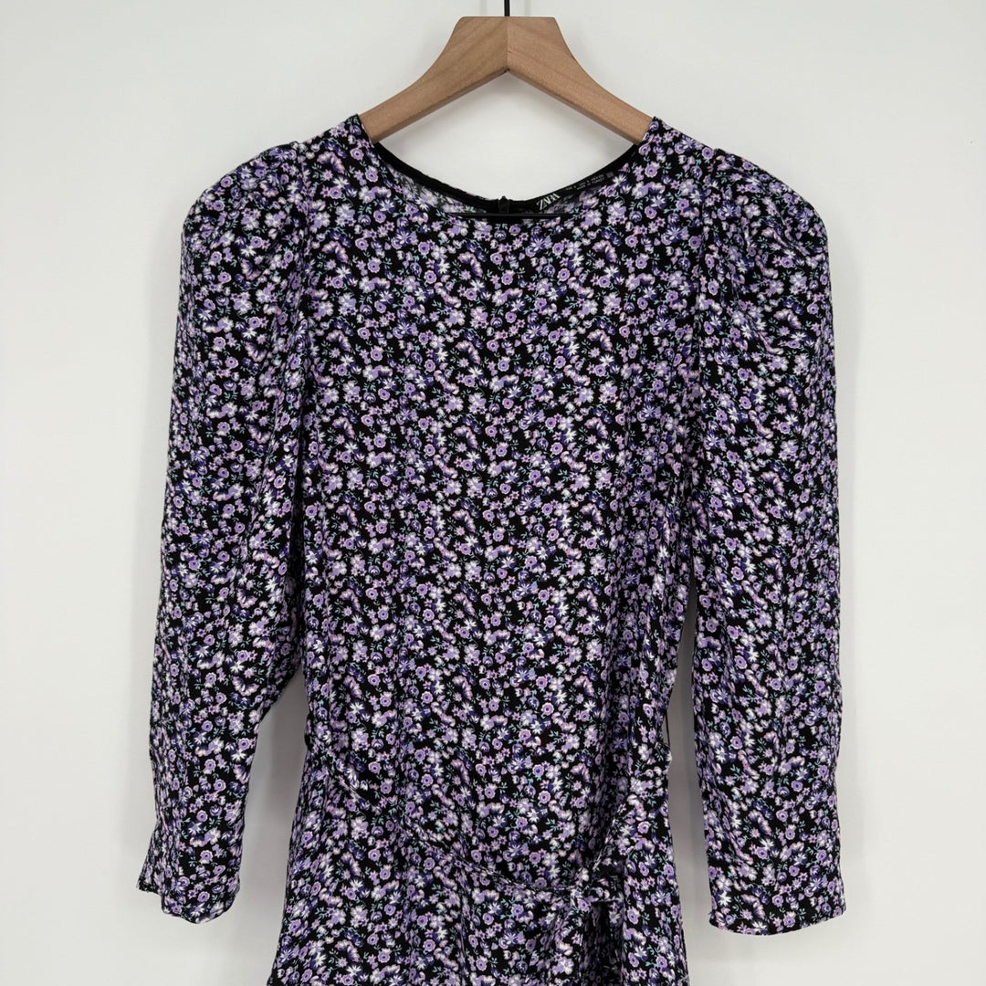 ZARA Floral Print Long Sleeve Wrap Dress Purple Black Size S