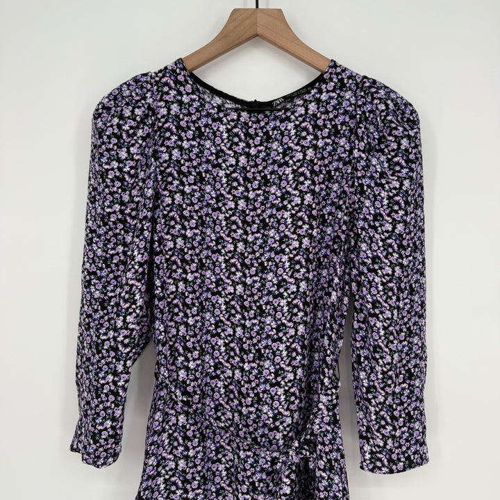 ZARA Floral Print Long Sleeve Wrap Dress Purple Black Size S