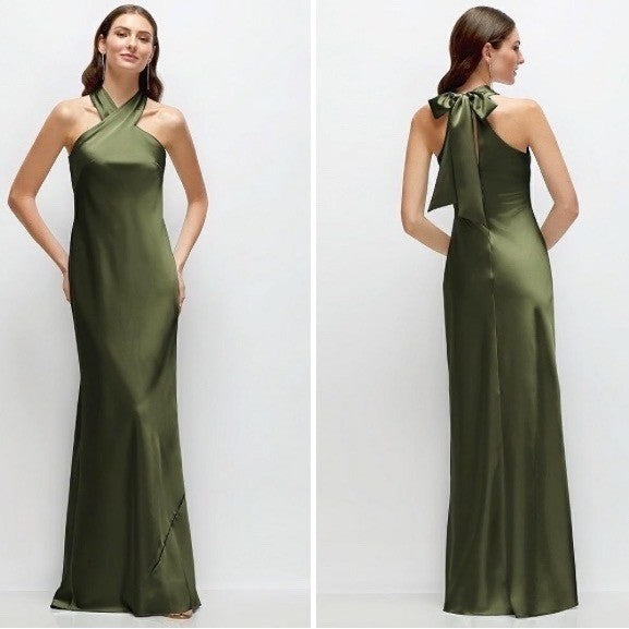 After Six Pleated Halter Bias Satin Maxi Dress With Bow Self-Tie Back Size L