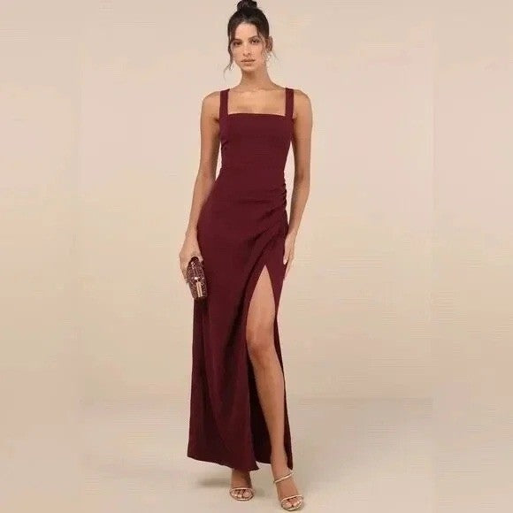 Lulus Rust Red Midi Dress Ruched Bodycon Tank Sleeveless Party Cocktail L