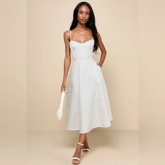 Lulus Meet Me For Tea White Jacquard Bustier Midi Dress Size S
