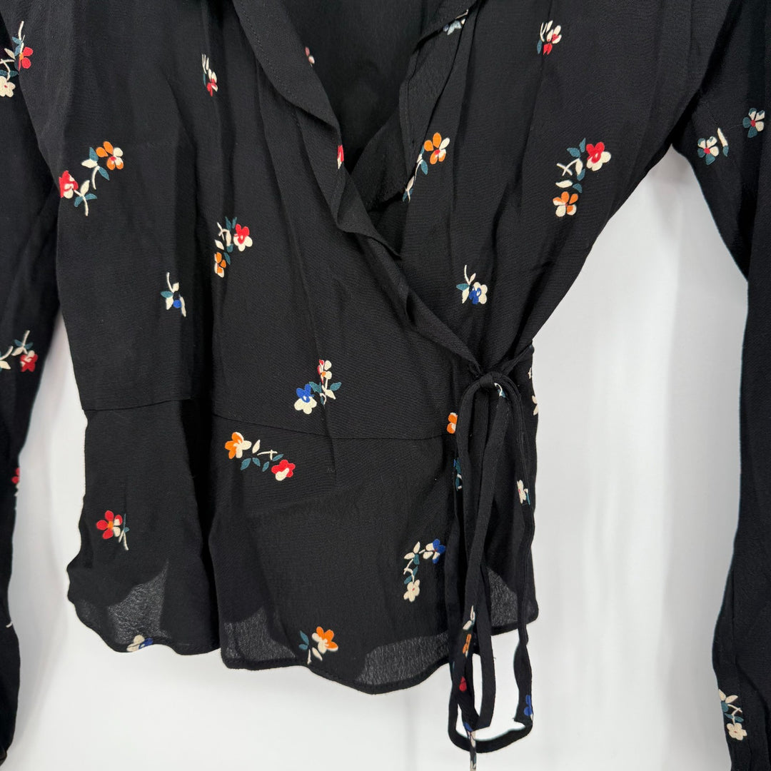 Rails Simone Wrap Blouse Womens XS Black Kyoto Floral Rayon Ruffle Surplice Neck