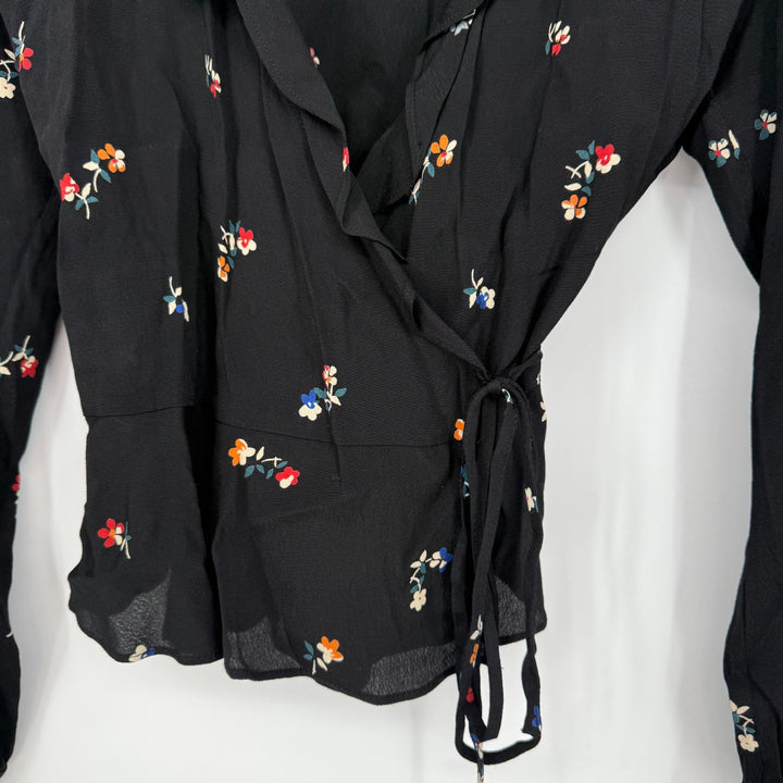 Rails Simone Wrap Blouse Womens XS Black Kyoto Floral Rayon Ruffle Surplice Neck