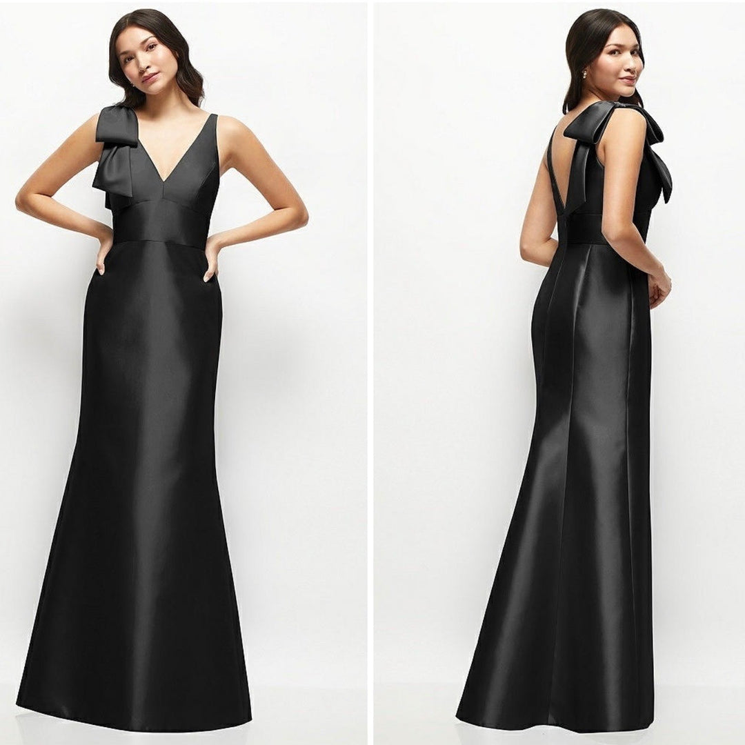 Alfred Sung Deep V-Back Satin Trumpet Dress With Cascading Bow At On Shoulder