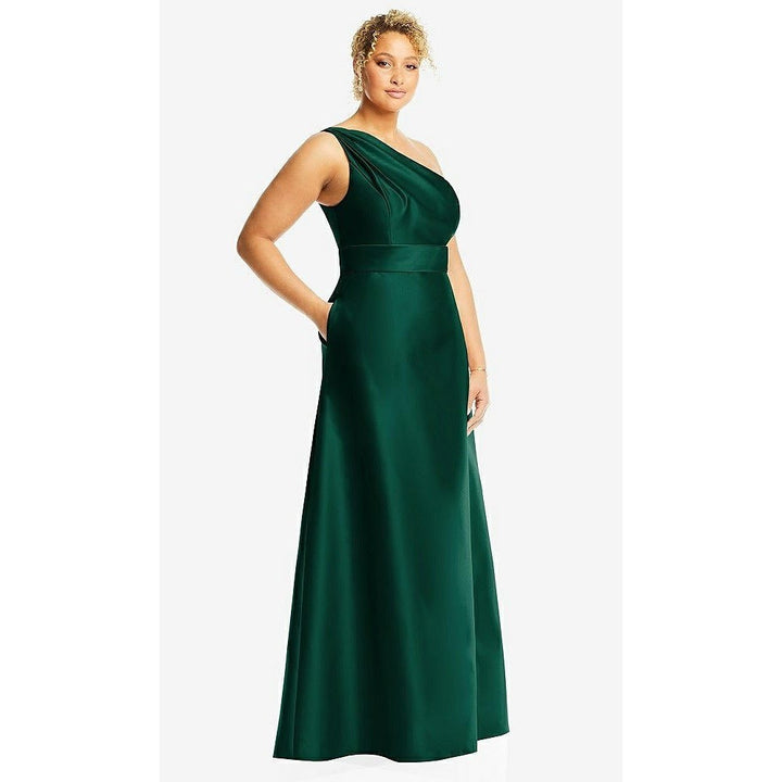 Alfred Sung Draped One-Shoulder Satin Maxi Dress With Pockets Size 6