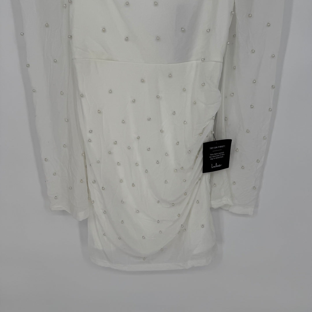Lulus Admirably Divine White Mesh Pearl Long Sleeve Mini Dress Size S