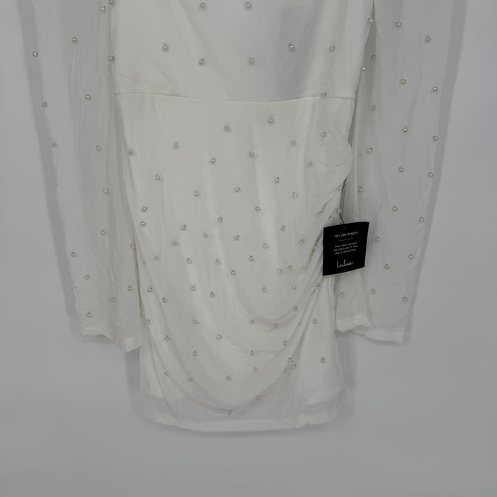 Lulus Admirably Divine White Mesh Pearl Long Sleeve Mini Dress Size S