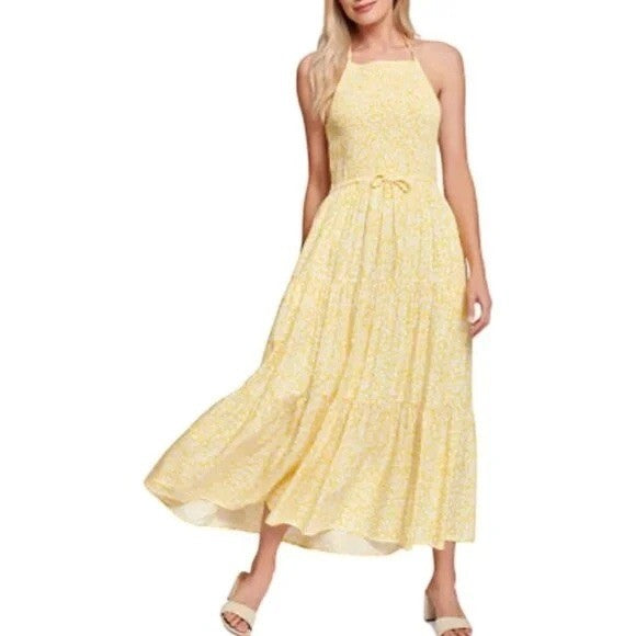 LOST WANDER Yellow White Floral Smocked Halter Maxi Dress XS
