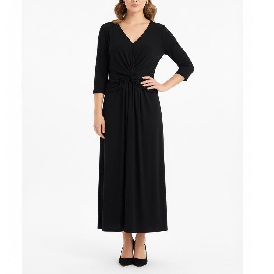 Chaps Black Twist V Neck 3/4 Sleeve Maxi Dress Size M