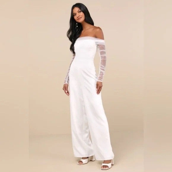 Lulus Eternal Bliss White Tulle Off-The-Shoulder Wide-Leg Jumpsuit Size L