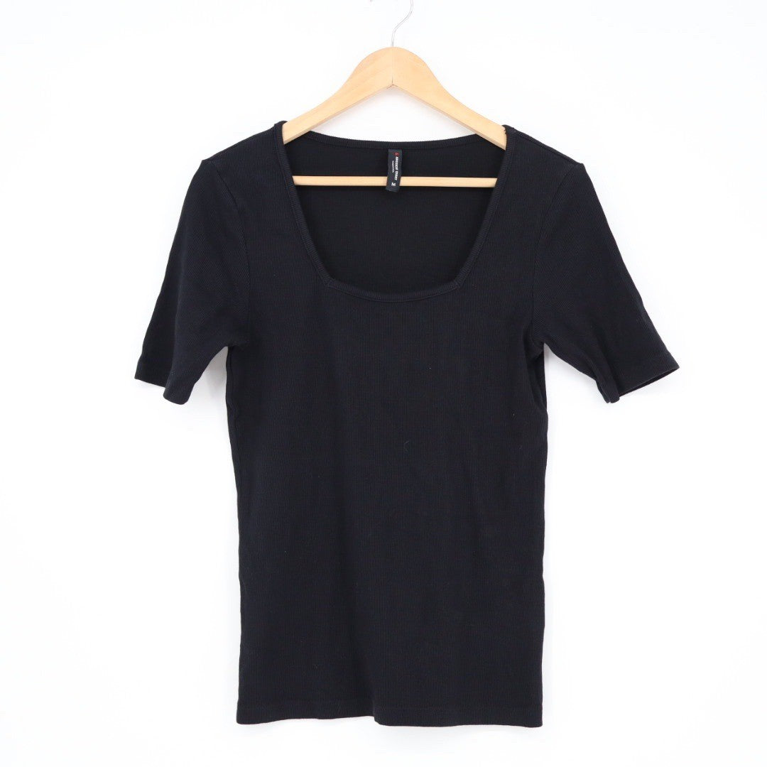 American Giant Black Ribbed Square Neck Short Sleeve Tee Shirt Womens Medium