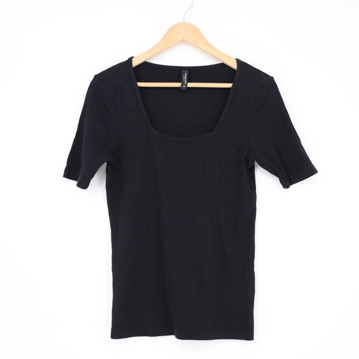 American Giant Black Ribbed Square Neck Short Sleeve Tee Shirt Womens Medium