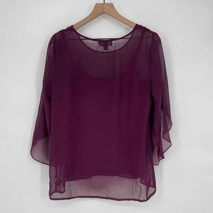 AB Studio Plum Purple Sheer Flutter Sleeve Top Size Medium