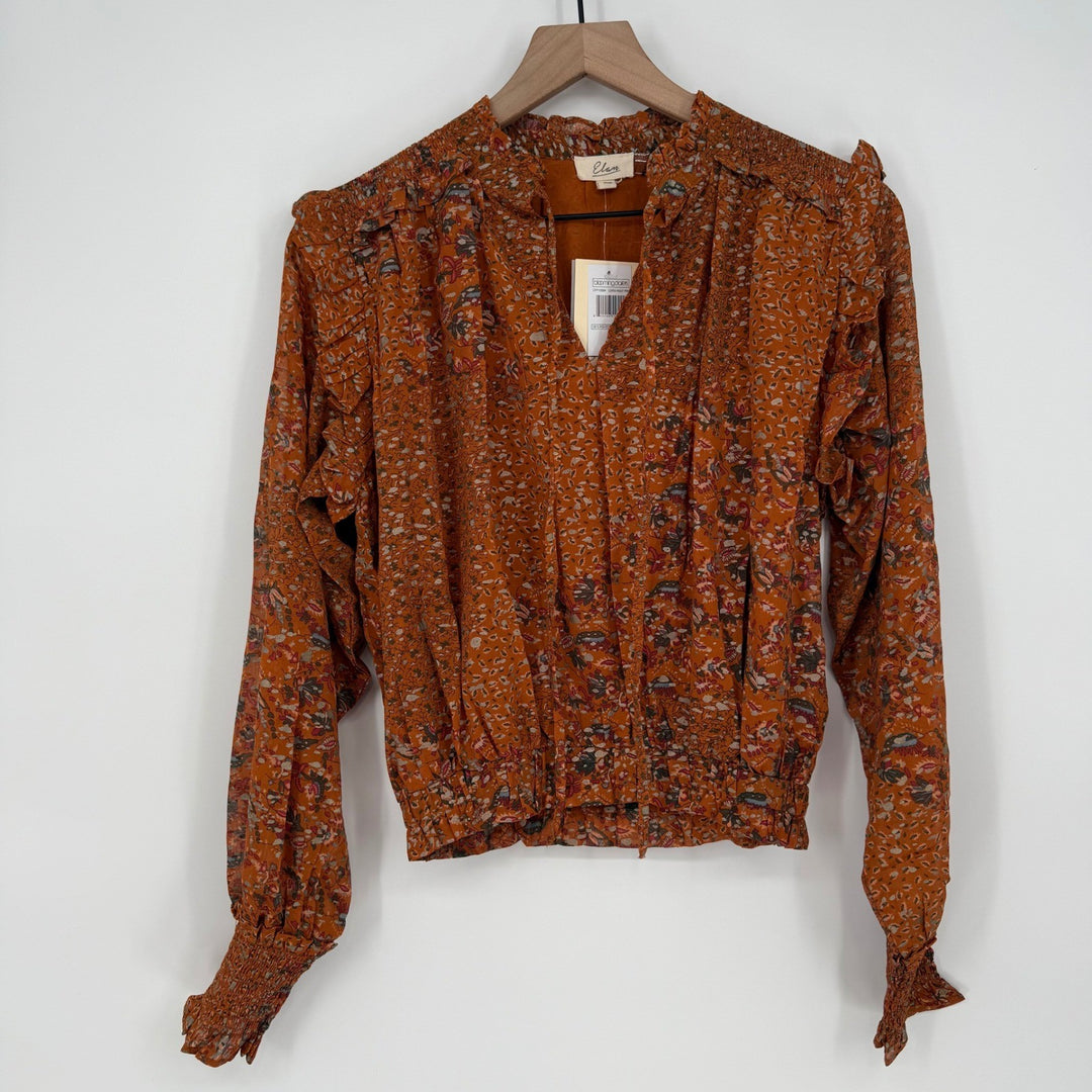 Elan Copper Paisley Print Long Sleeve Smocked Blouse Top S