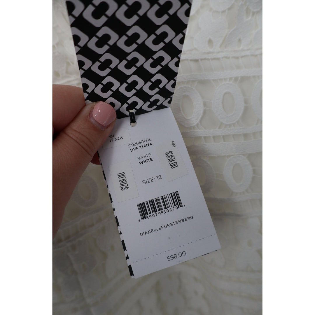 DIANE von FURSTENBERG Tiana Lace Midi Dress White Size 12 V Neck Ruffle Hem