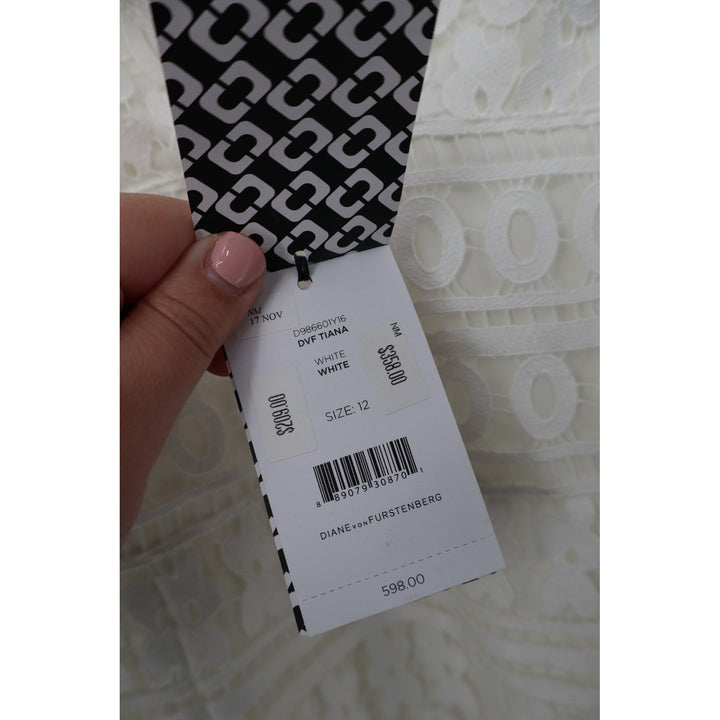 DIANE von FURSTENBERG Tiana Lace Midi Dress White Size 12 V Neck Ruffle Hem