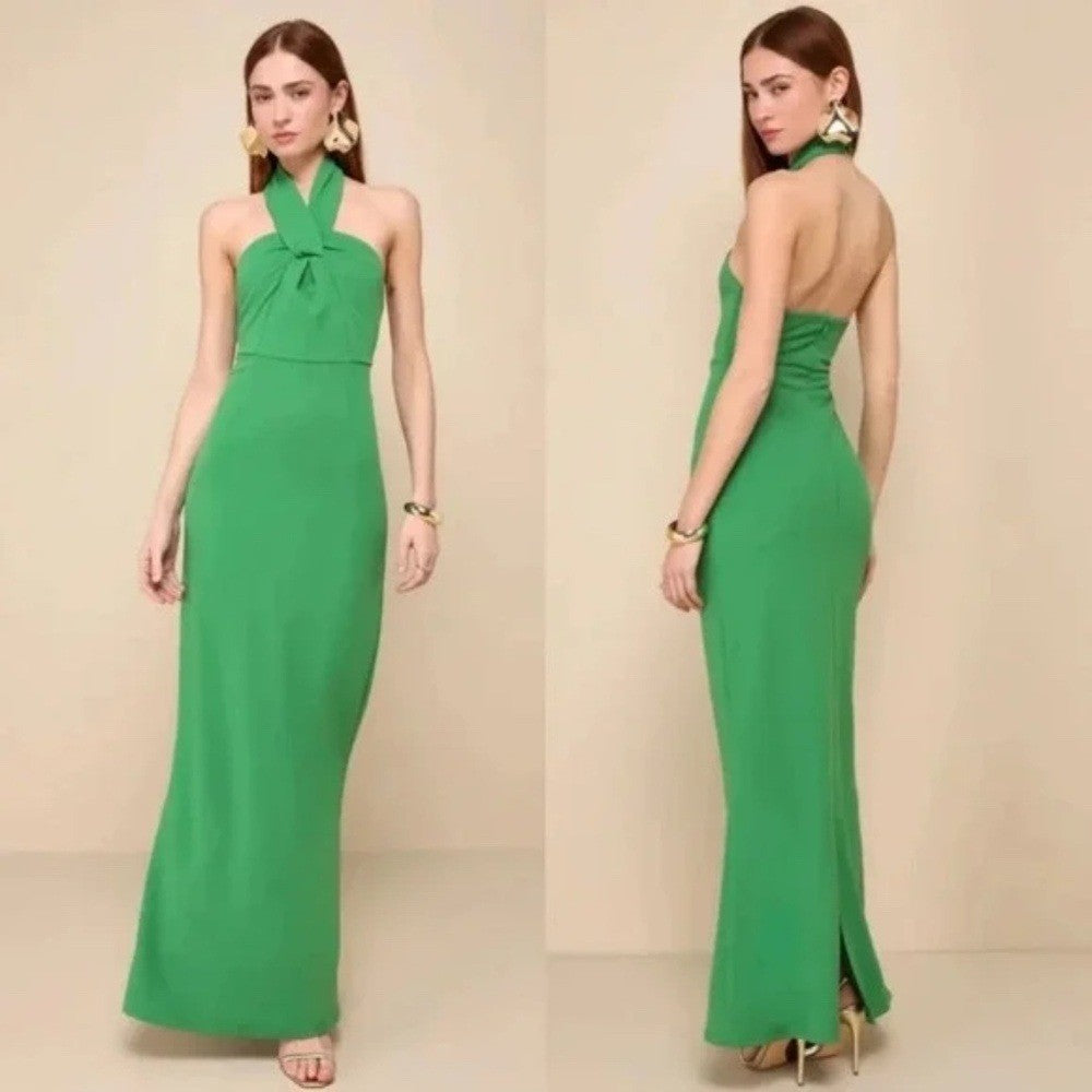 Lulus Mesmerizing Perfection Green Halter Neck Backless Maxi Dress Size S