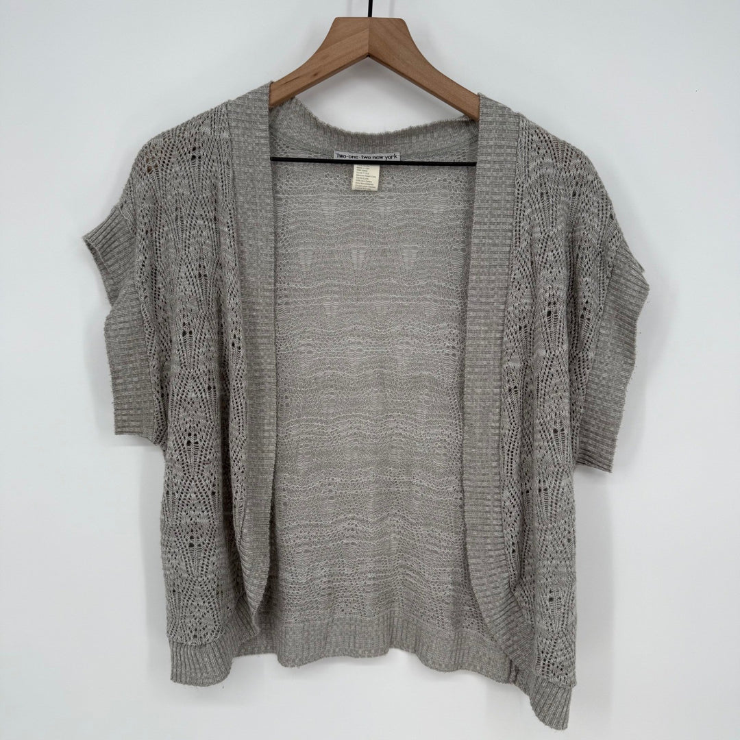 Two One Two New York Gray Open Knit Short Sleeve Cardigan Sweater Size M
