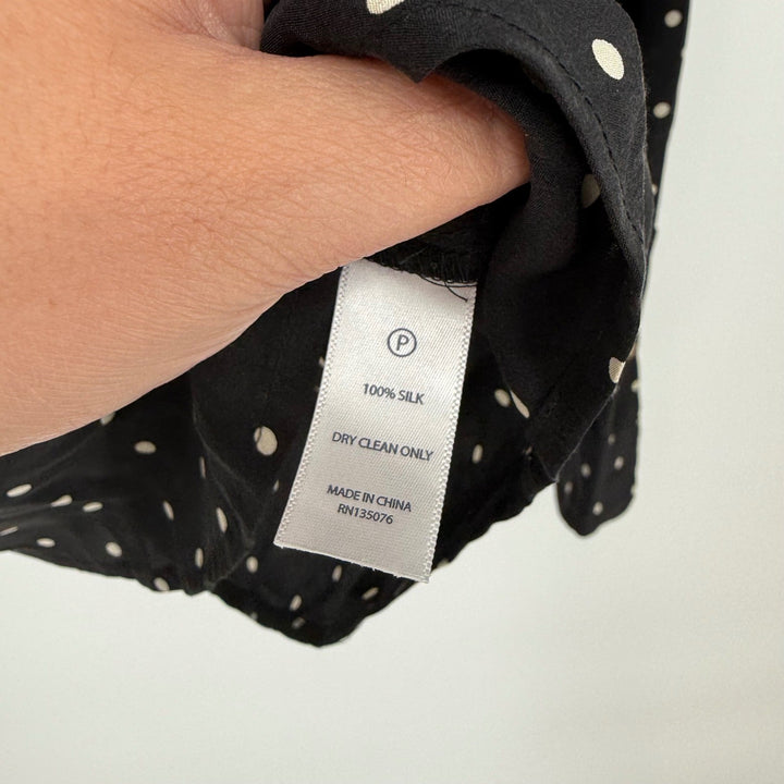 Wonder Stripe Polka Dot Silk Band Collar Button Up Blouse XS Black