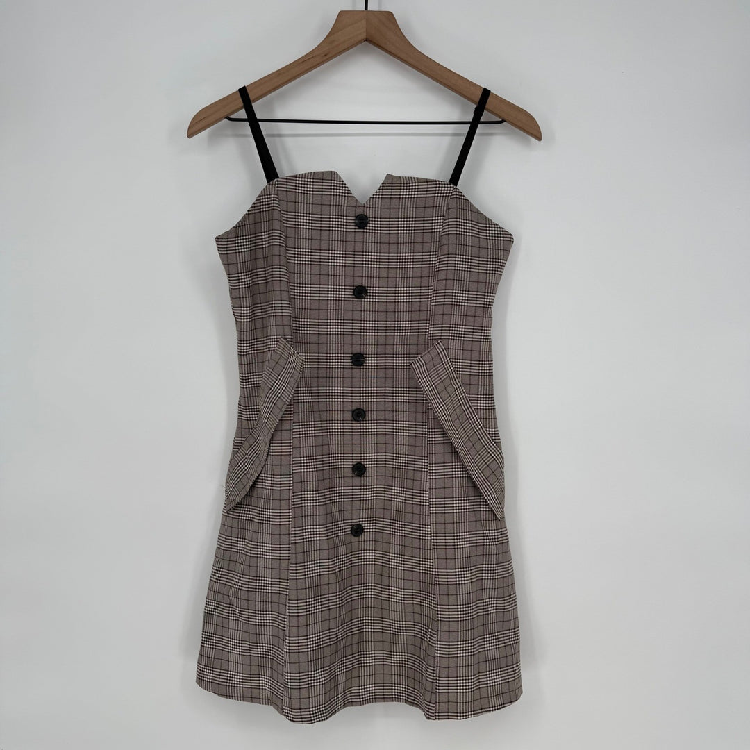 Plaid Button Front Mini Dress Sweetheart Neckline Adjustable Straps Pockets