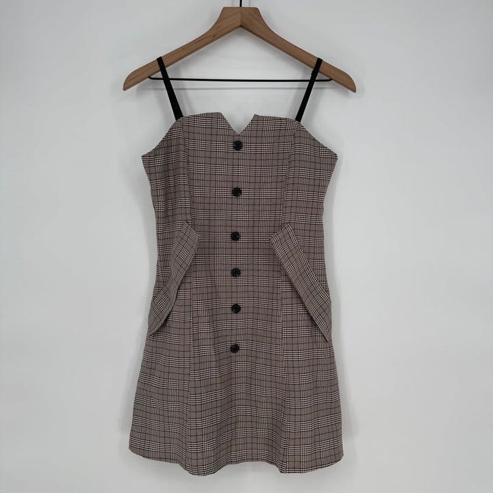 Plaid Button Front Mini Dress Sweetheart Neckline Adjustable Straps Pockets