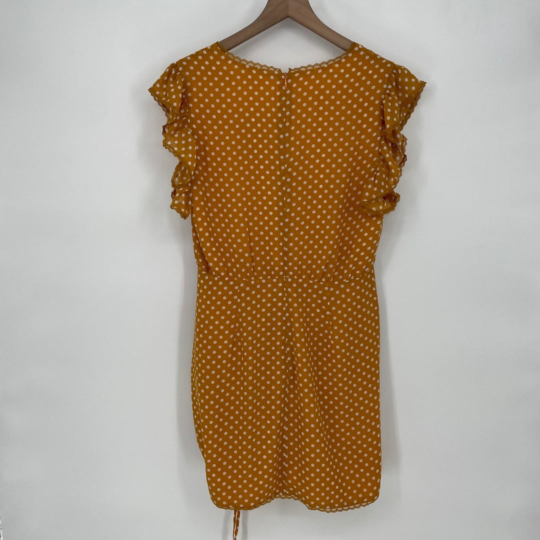 TULAROSA Mustard Yellow Polka Dot Ruffle Sleeve Wrap Dress Size M