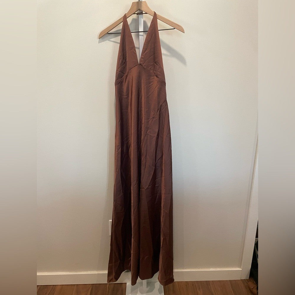 After Six Plunge Halter Open-Back Maxi Bias Dress Size M
