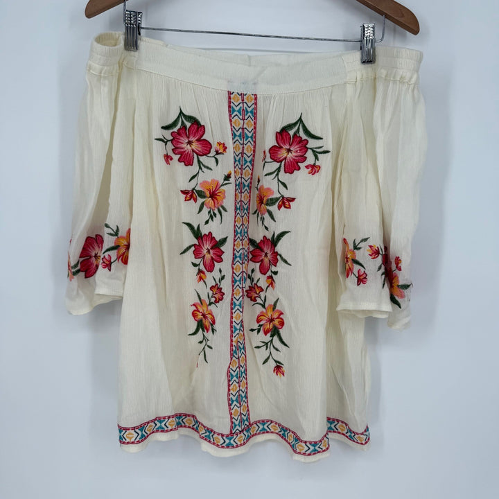 Umgee Off Shoulder Embroidered Floral Tunic Top Blouse Women's Size Medium Cream