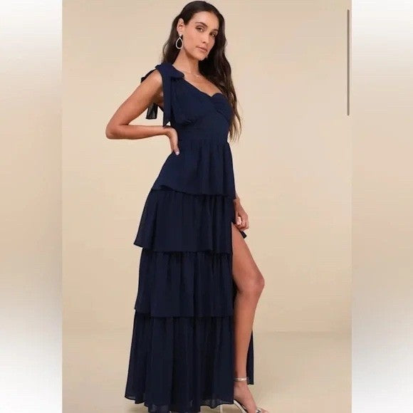 Lulus Elevated Vision Navy Blue One-Shoulder Tiered Maxi Dress Size M