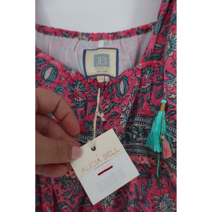 ALICIA BELL Floral Print Tassel Tie Shoulder Dress XL Red Blue Silk Cotton