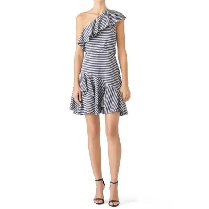 Halston Grey Stripe Ruffle Dress Size 6