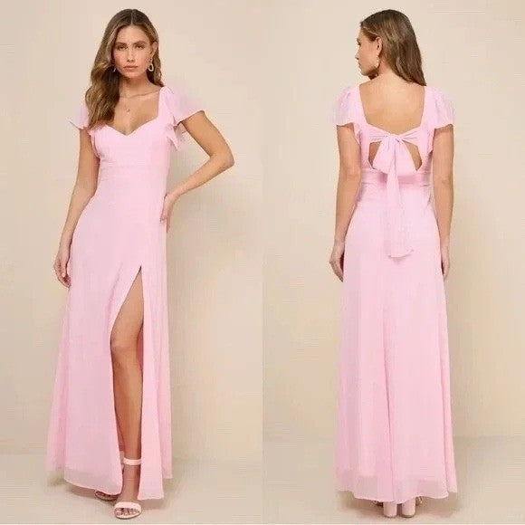 Lulus Simply Delightful Pink Tie-Back Flutter Sleeve Maxi Dress Size XL