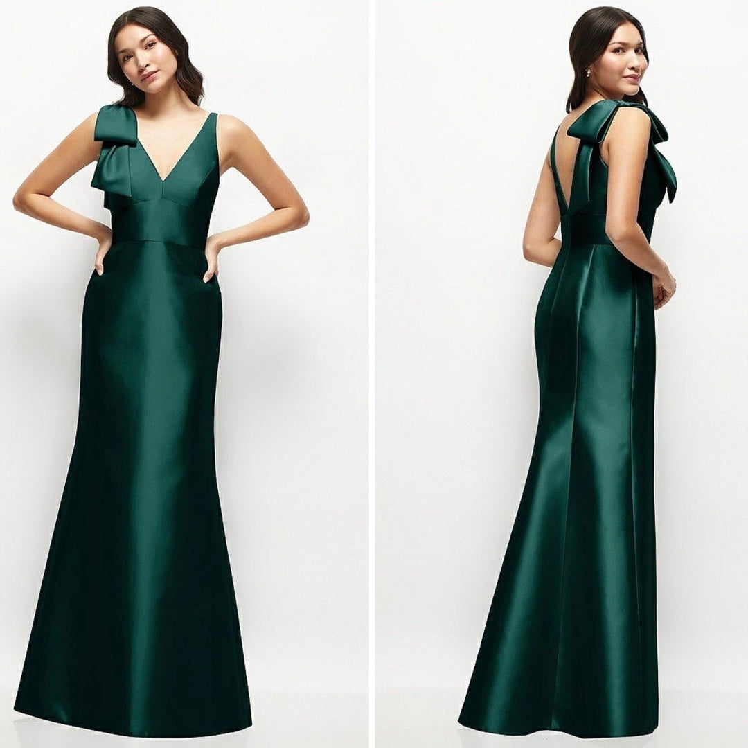 Alfred Sung Deep V-Back Satin Trumpet Dress With Cascading Bow At One Shoulder