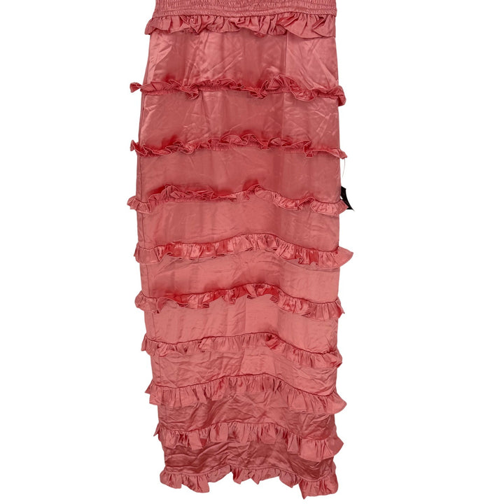 Lulus Sincerely Fabulous Peach Pink Satin Smocked Ruffled Maxi Dress Size M