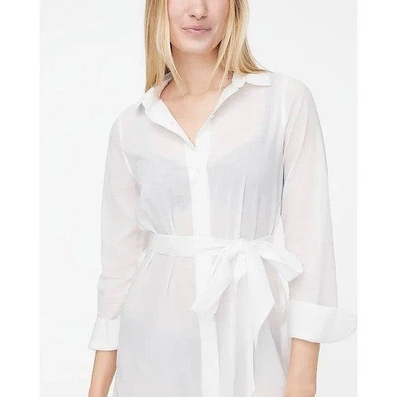 J. Crew White Cotton Belted Shirt Dress Sheath Style M