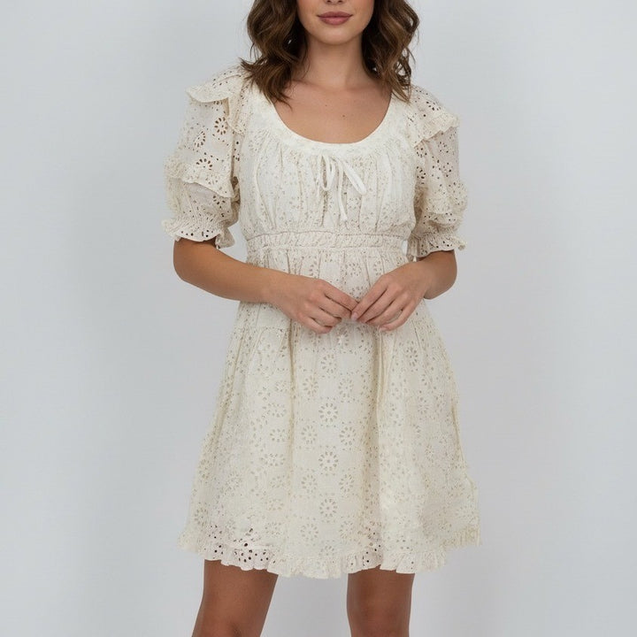En Saison Eyelet Mini Dress Off White Puff Sleeve Square Neck Tiered Cotton M