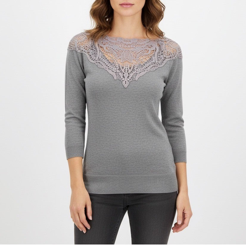 Forever 21 Gray Lace Neckline 3/4 Sleeve Sweater Top Womens Size S