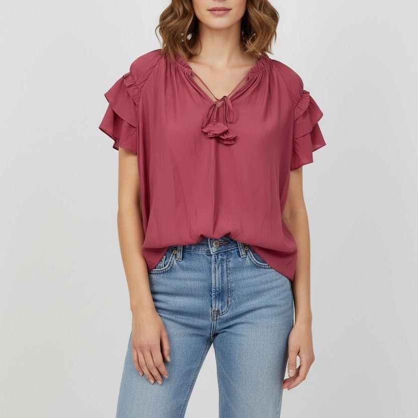 Rose Olive XL Pink Ruffle Sleeve Tie Neck Blouse Top Shirt Womens