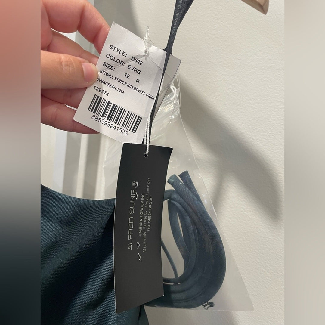 Alfred Sung Strapless A-Line Satin Gown With Modern Bow Detail Size 12