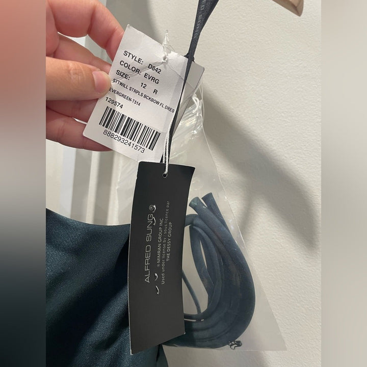 Alfred Sung Strapless A-Line Satin Gown With Modern Bow Detail Size 12