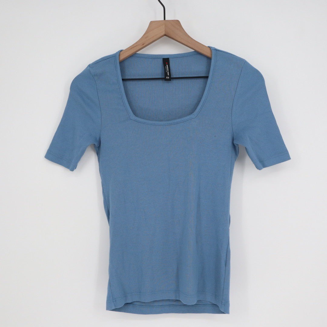 American Giant Ribbed Square Neck Short Sleeve Top Blue XS Made in USA