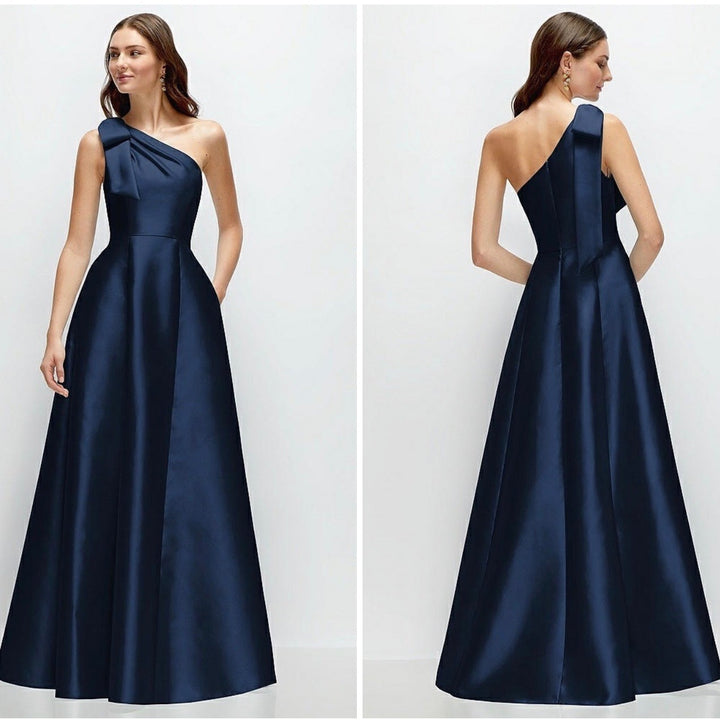 Alfred Sung Bow One-Shoulder Full A-Line Satin Maxi Dress Size 10