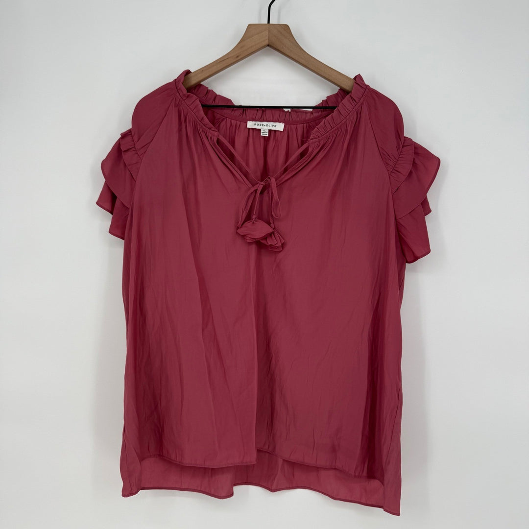 Rose Olive XL Pink Ruffle Sleeve Tie Neck Blouse Top Shirt Womens