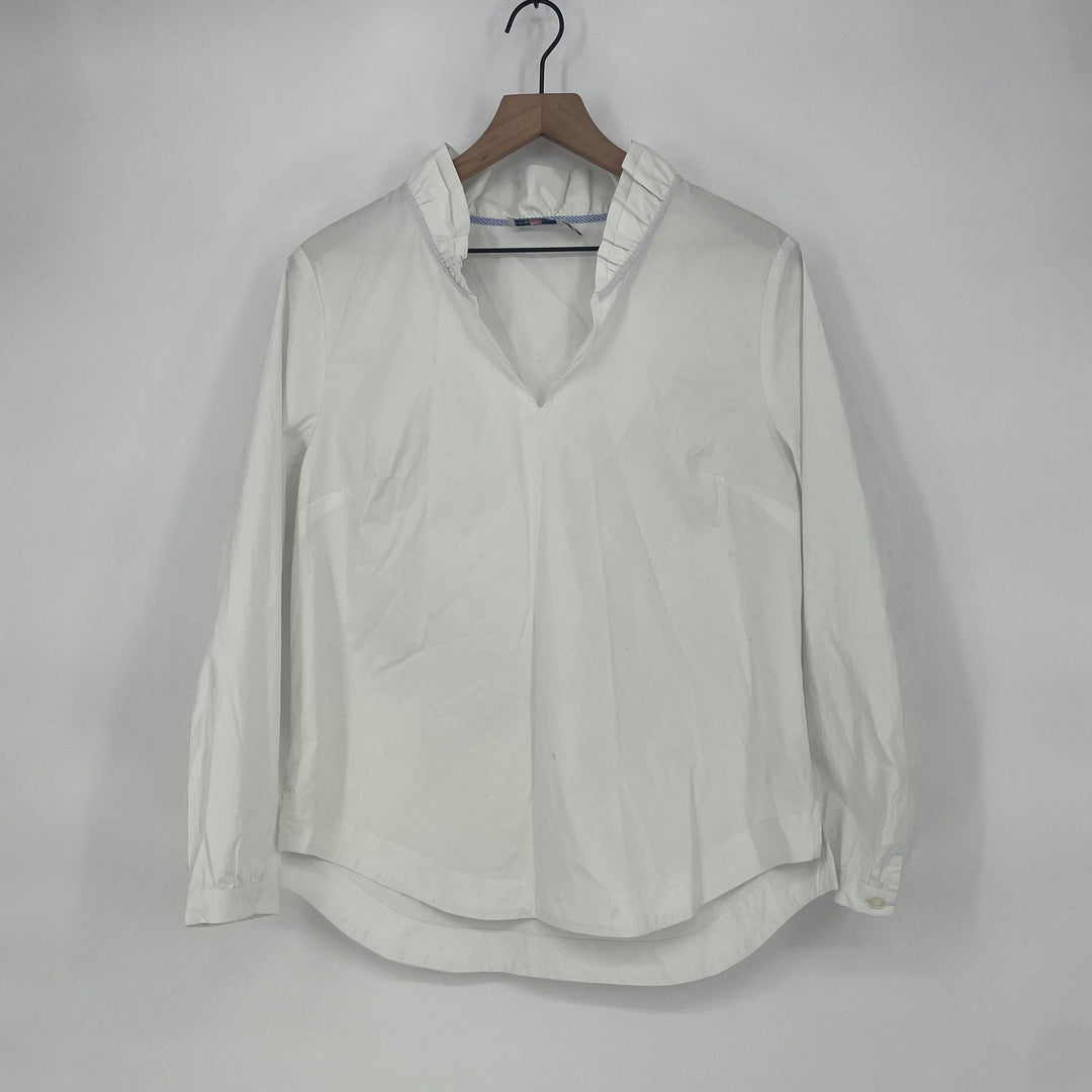Vineyard Vines White Ruffled Collar V Neck Long Sleeve Cotton Blend Shirt Medium