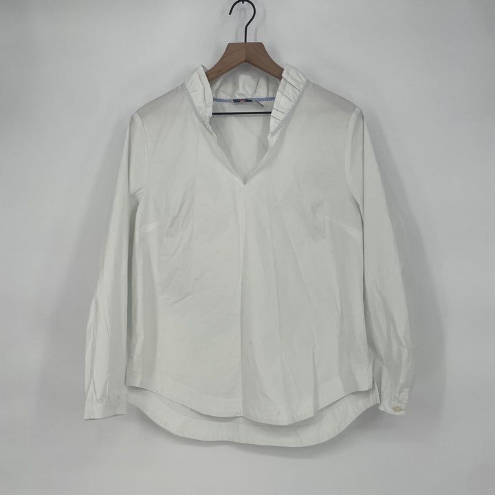 Vineyard Vines White Ruffled Collar V Neck Long Sleeve Cotton Blend Shirt Medium